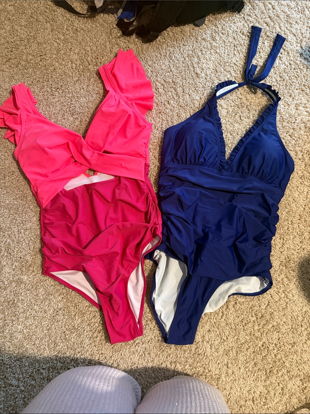 Hot Pink & Navy One-Piece Swimsuits - Ruffled V-Neck Styles